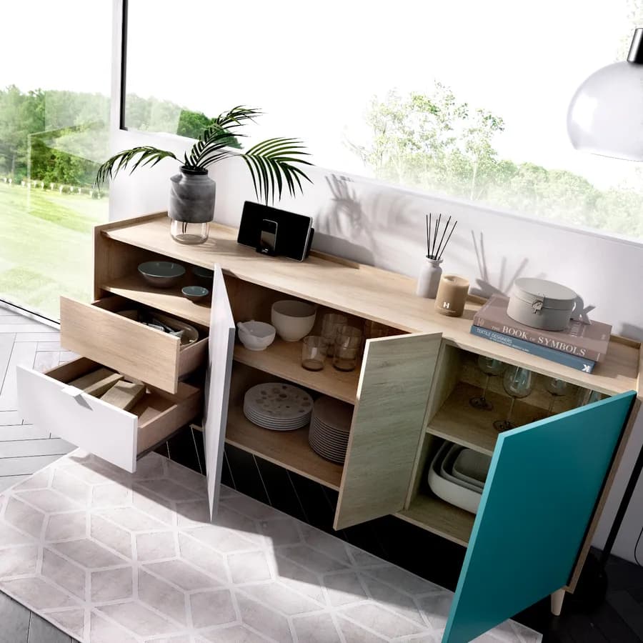 Madia 180 cm con tre ante e due cassetti in legno grigio bianco verde - Koria