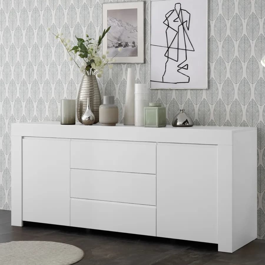 Madia 184 cm con due ante e tre cassetti in legno bianco opaco - Falesia