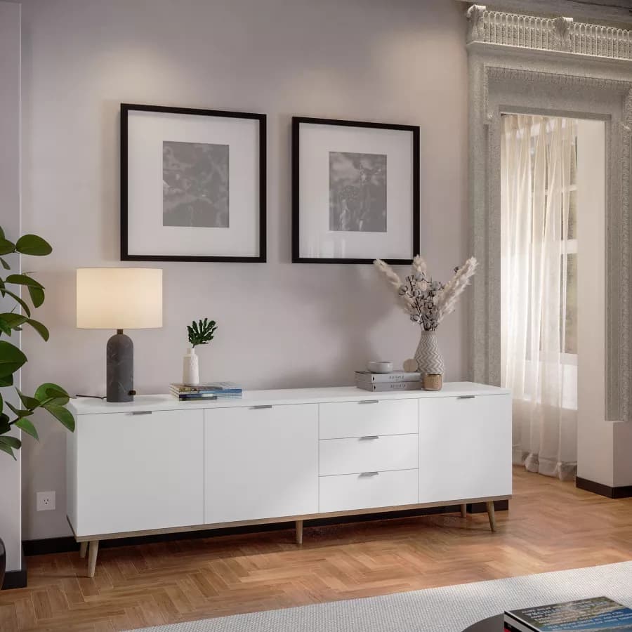 Madia 200x68h cm in legno bianco e rovere sonoma con 3 ante e 3 cassetti - Holberg