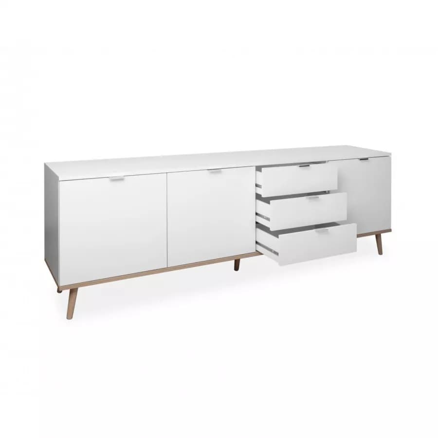 Madia 200x68h cm in legno bianco e rovere sonoma con 3 ante e 3 cassetti - Holberg