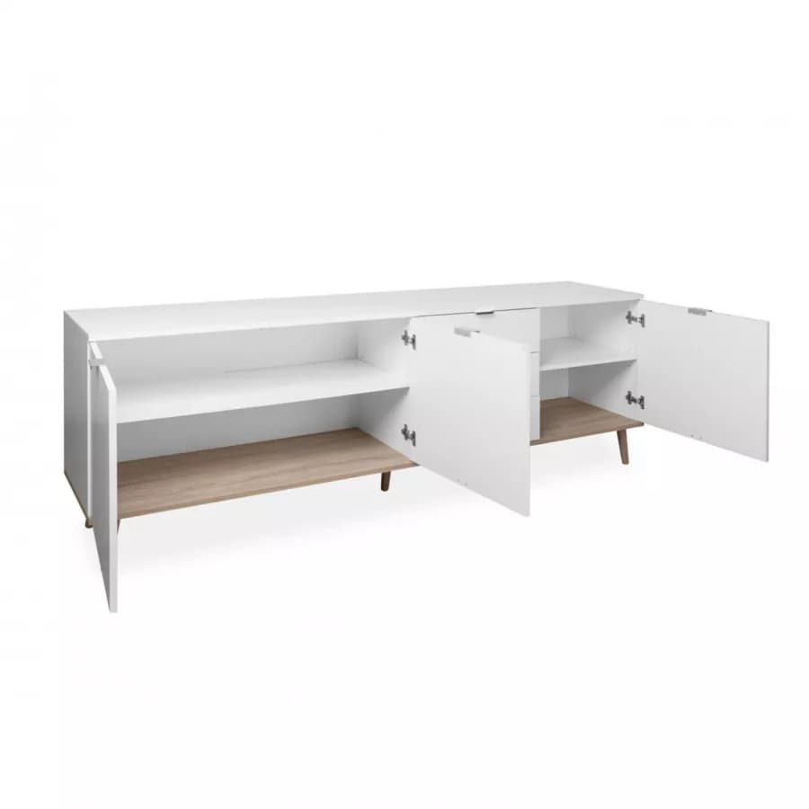 Madia 200x68h cm in legno bianco e rovere sonoma con 3 ante e 3 cassetti - Holberg