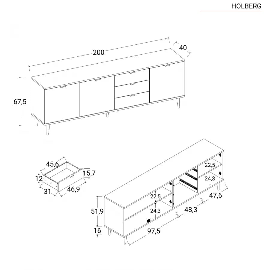 Madia 200x68h cm in legno bianco e rovere sonoma con 3 ante e 3 cassetti - Holberg