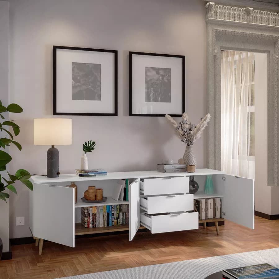Madia 200x68h cm in legno bianco e rovere sonoma con 3 ante e 3 cassetti - Holberg