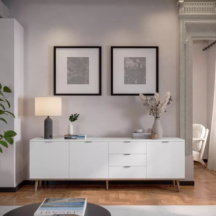 Madia 200x68h cm in legno bianco e rovere sonoma con 3 ante e 3 cassetti - Holberg