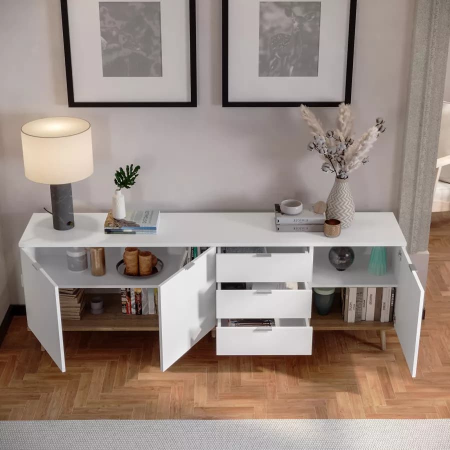 Madia 200x68h cm in legno bianco e rovere sonoma con 3 ante e 3 cassetti - Holberg