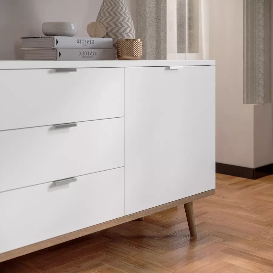 Madia 200x68h cm in legno bianco e rovere sonoma con 3 ante e 3 cassetti - Holberg