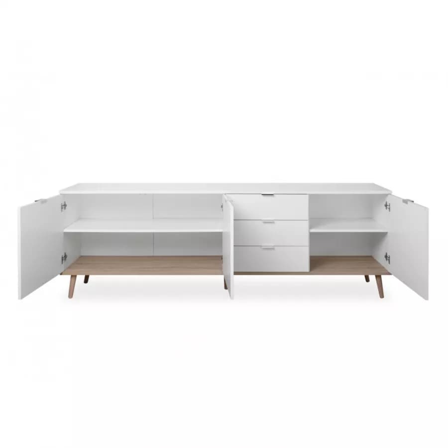 Madia 200x68h cm in legno bianco e rovere sonoma con 3 ante e 3 cassetti - Holberg