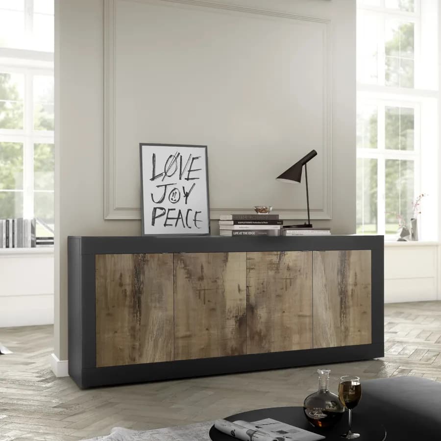 Madia 207 cm con quattro ante in legno e nero - Geila