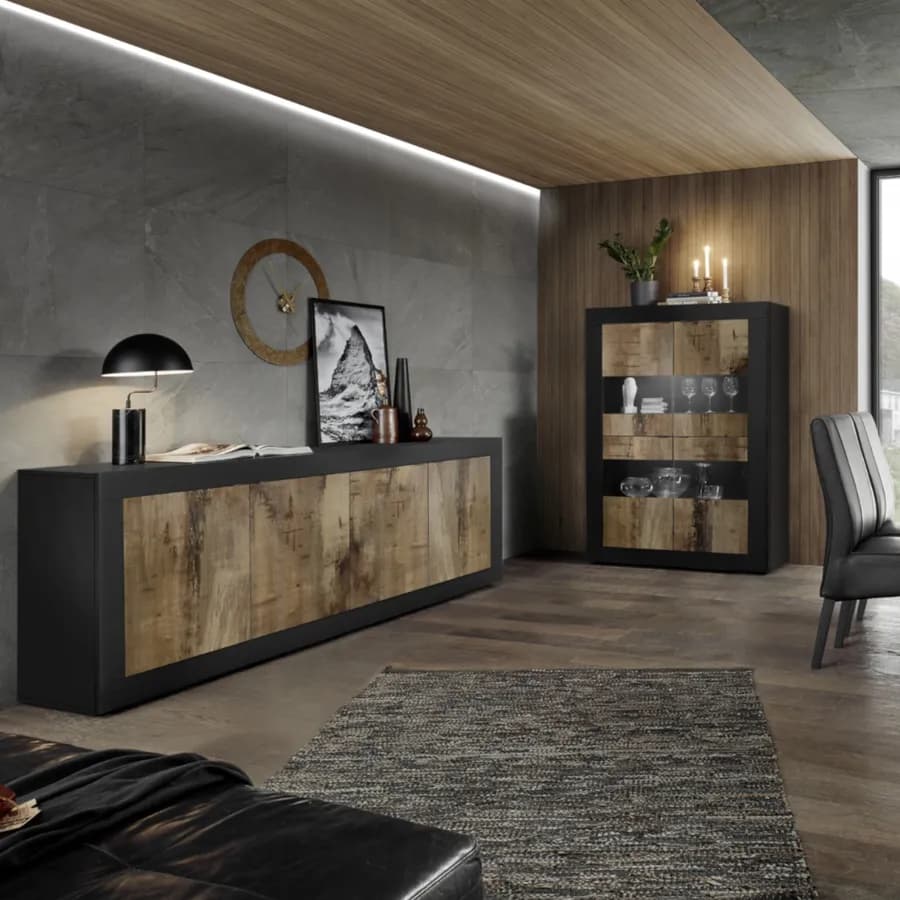 Madia 207 cm con quattro ante in legno e nero - Geila