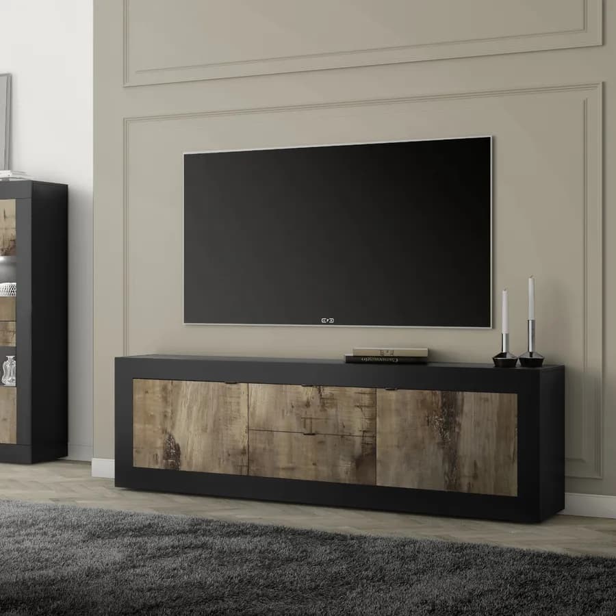 Porta tv 210 cm con due ante e due cassetti nero e legno - Geila