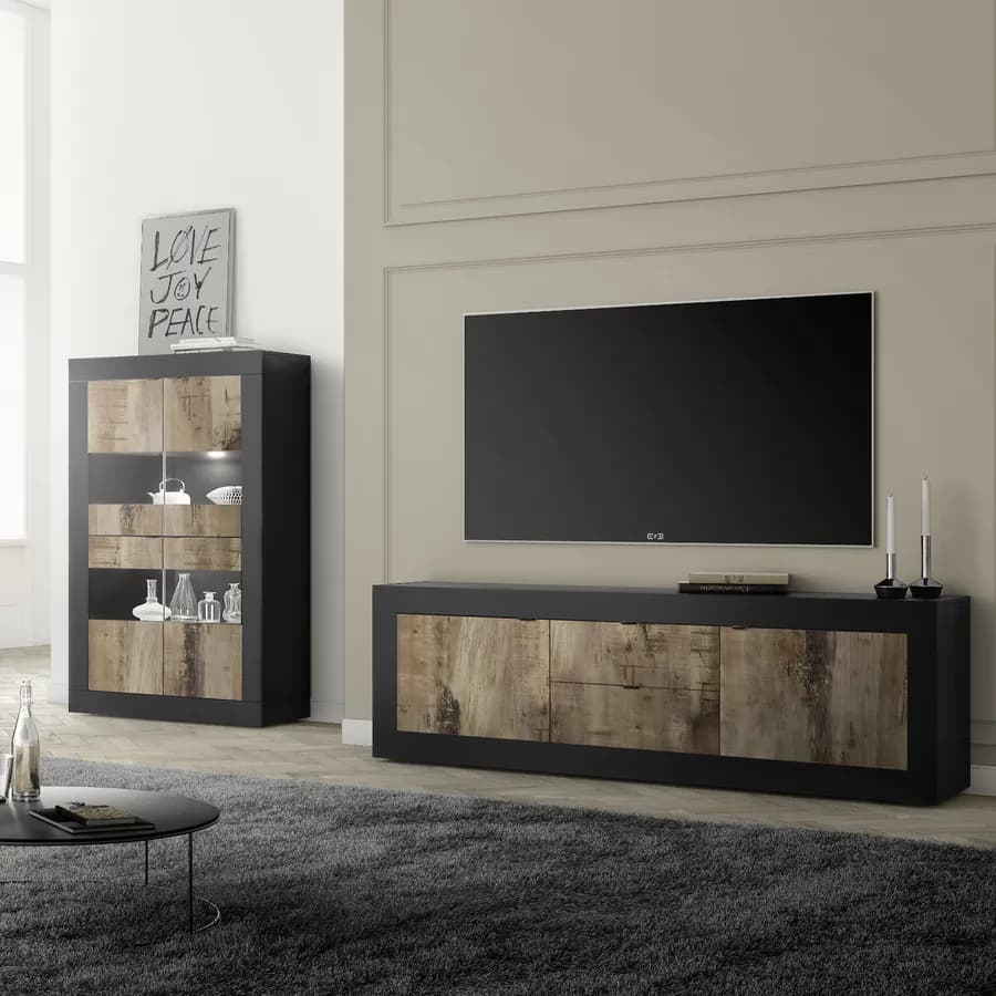 Porta tv 210 cm con due ante e due cassetti nero e legno - Geila