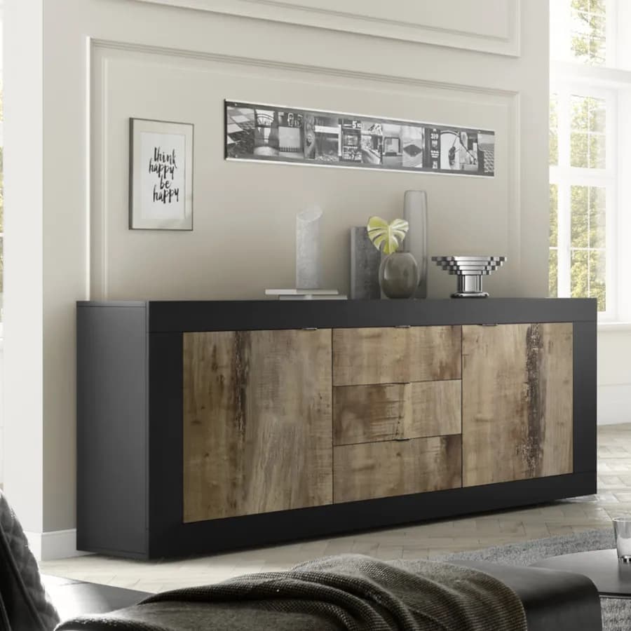 Madia 210 cm con due ante e tre cassetti in nero e legno - Geila