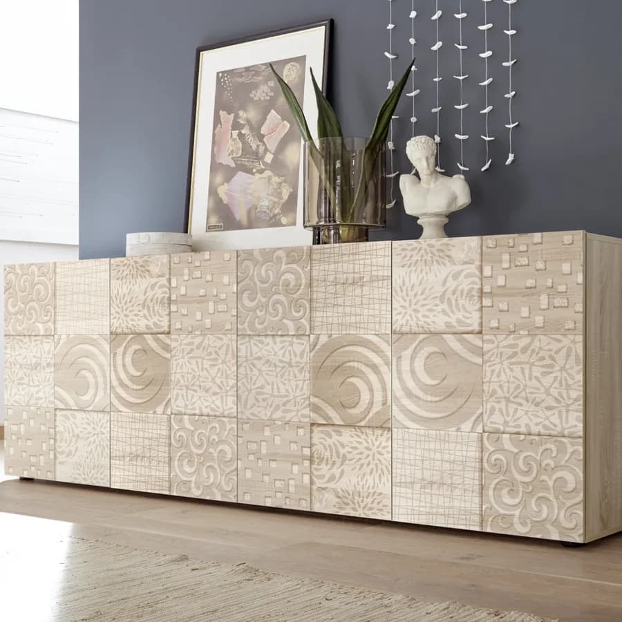 Madia 241 cm con quattro ante in legno rovere samoa serigrafato - Linux