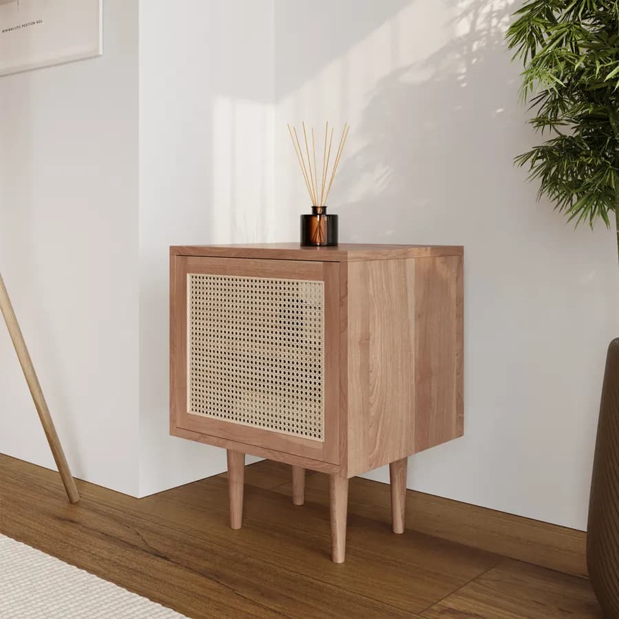 Mobile multiuso 50x60h cm con anta in teak naturale e paglia di vienna - Malindi