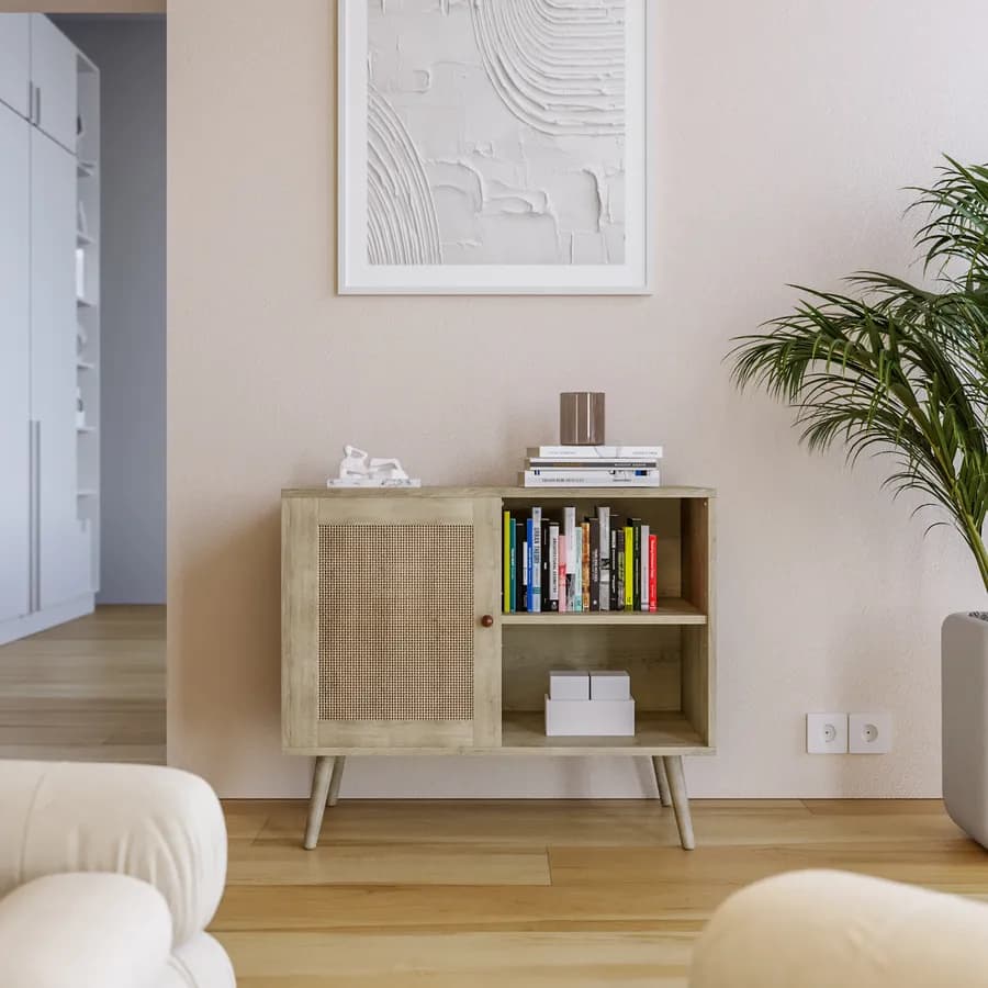 Madia 80x67h cm in legno naturale con anta in rattan e vani a giorno - Boheme