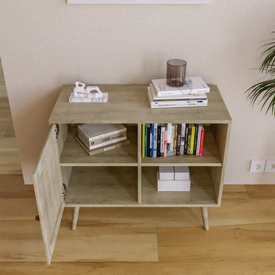 Madia 80x67h cm in legno naturale con anta in rattan e vani a giorno - Boheme