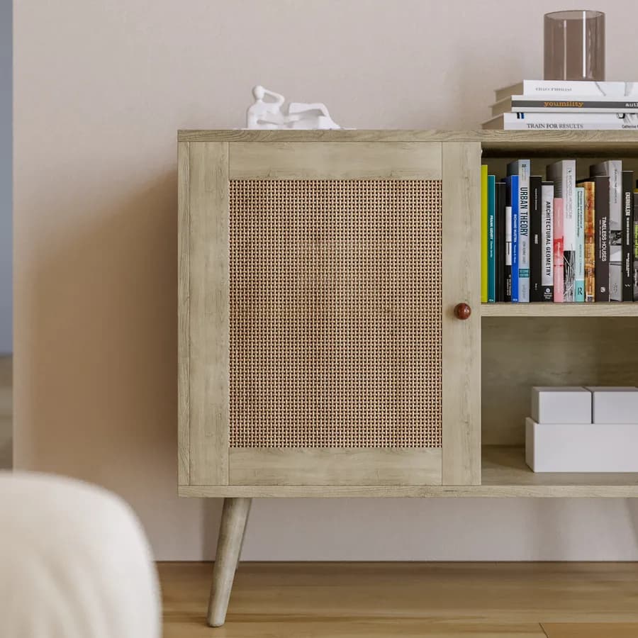 Madia 80x67h cm in legno naturale con anta in rattan e vani a giorno - Boheme