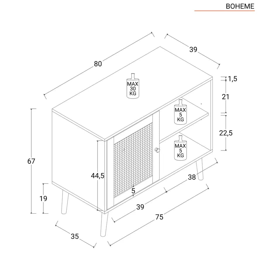 Madia 80x67h cm in legno naturale con anta in rattan e vani a giorno - Boheme