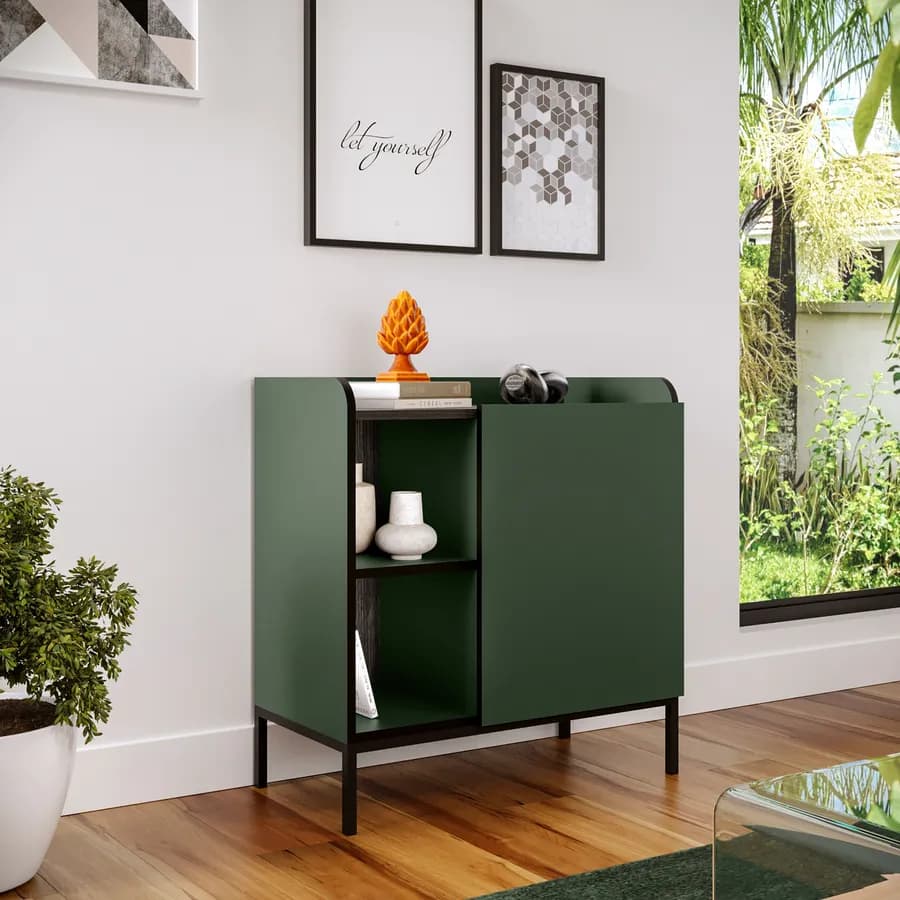 Madia 80x85h cm verde con 1 anta e 2 vani a giorno e gambe in metallo nero - Jewel