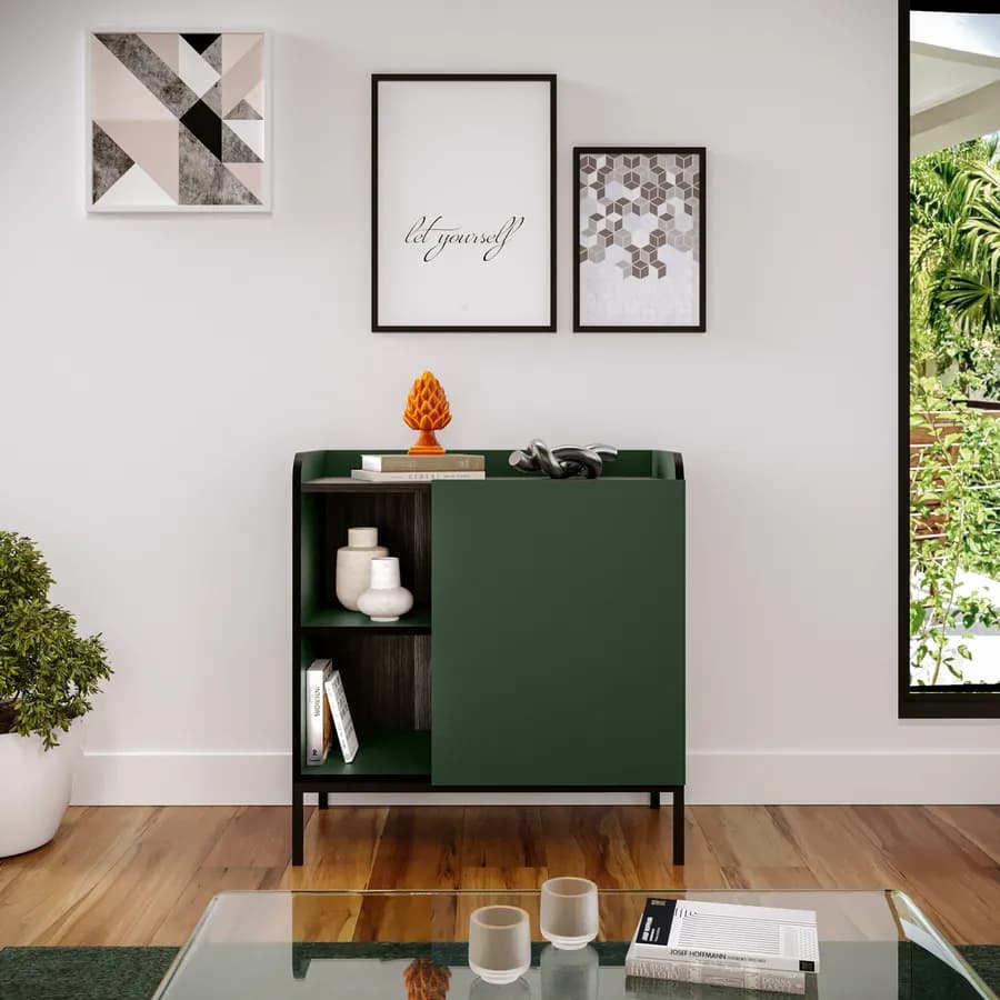 Madia 80x85h cm verde con 1 anta e 2 vani a giorno e gambe in metallo nero - Jewel