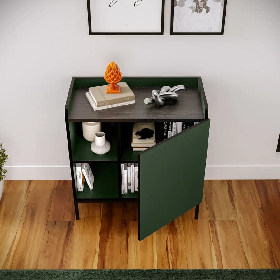 Madia 80x85h cm verde con 1 anta e 2 vani a giorno e gambe in metallo nero - Jewel