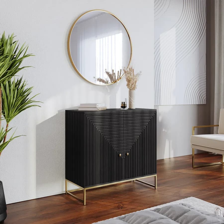 Madia 85x80 cm in legno di mango nero cannettato e metallo oro - Dunkel