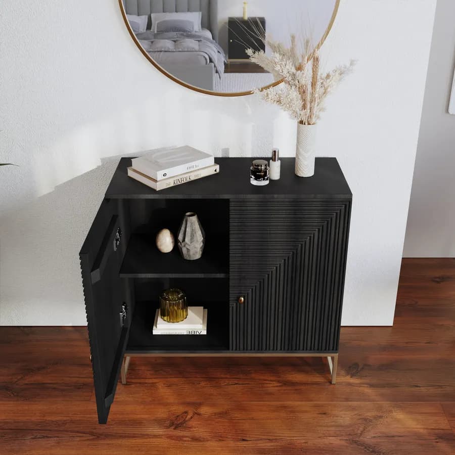 Madia 85x80 cm in legno di mango nero cannettato e metallo oro - Dunkel