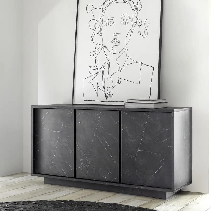 Madia da 138 cm con tre ante in legno nero effetto marmo - Auriga