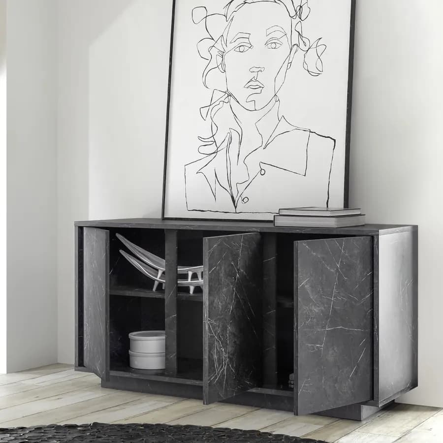 Madia da 138 cm con tre ante in legno nero effetto marmo - Auriga