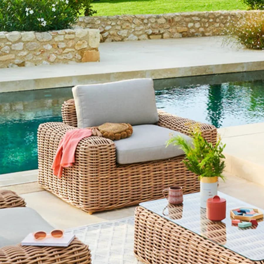 Maxi poltrona da giardino in polyrattan naturale con cuscini - Savern