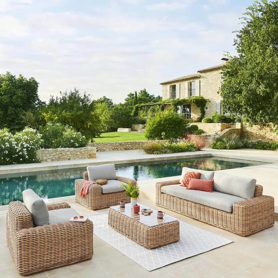 Maxi poltrona da giardino in polyrattan naturale con cuscini - Savern