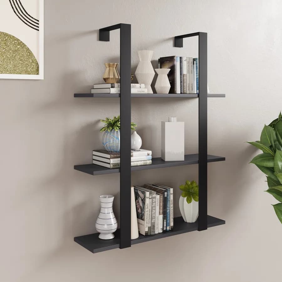 Libreria sospesa 70x90h cm in acciaio nero con mensole antracite - Multipla