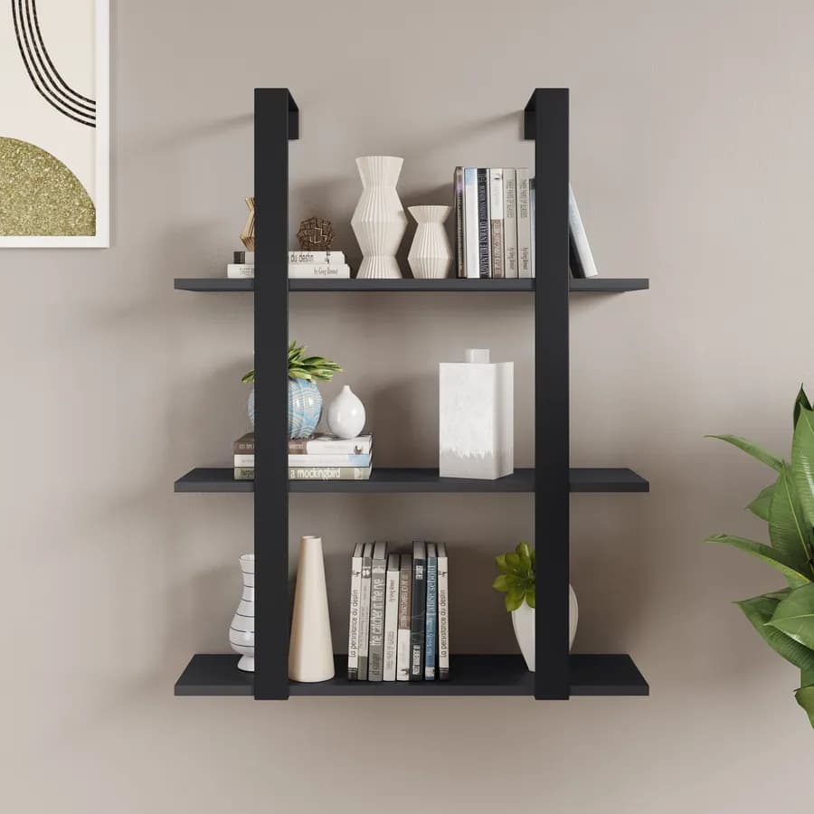 Libreria sospesa 70x90h cm in acciaio nero con mensole antracite - Multipla