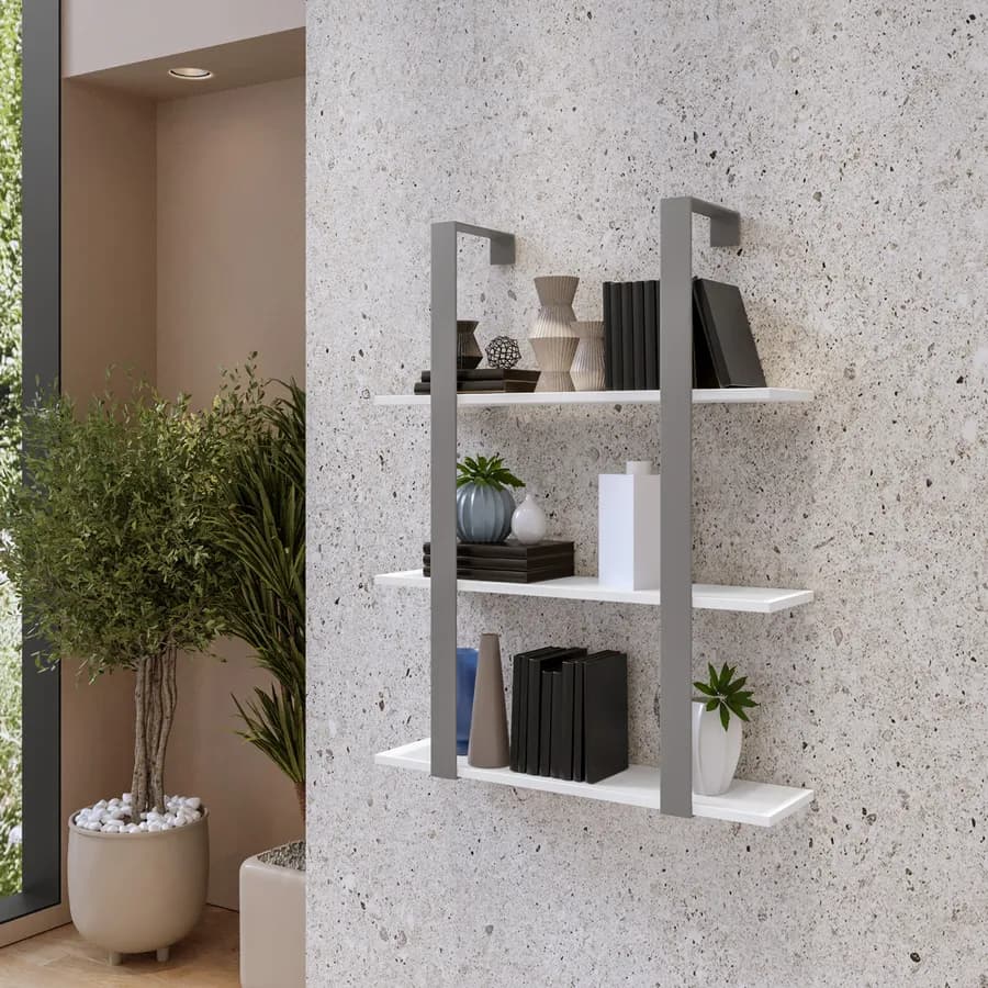 Libreria sospesa 70x90h cm in acciaio grigio con mensole bianche - Multipla