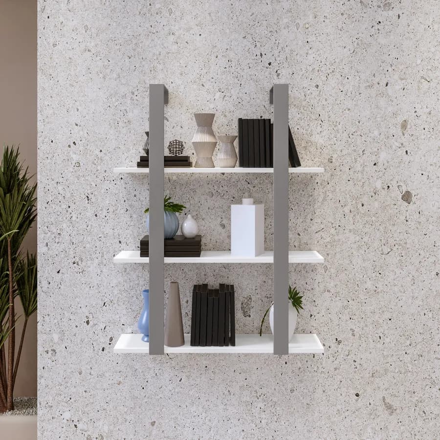Libreria sospesa 70x90h cm in acciaio grigio con mensole bianche - Multipla