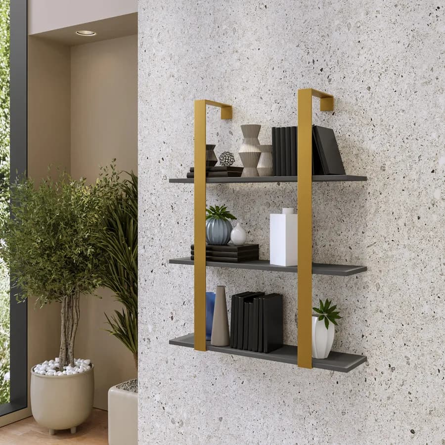 Libreria sospesa 70x90h cm in acciaio oro con mensole antracite - Multipla