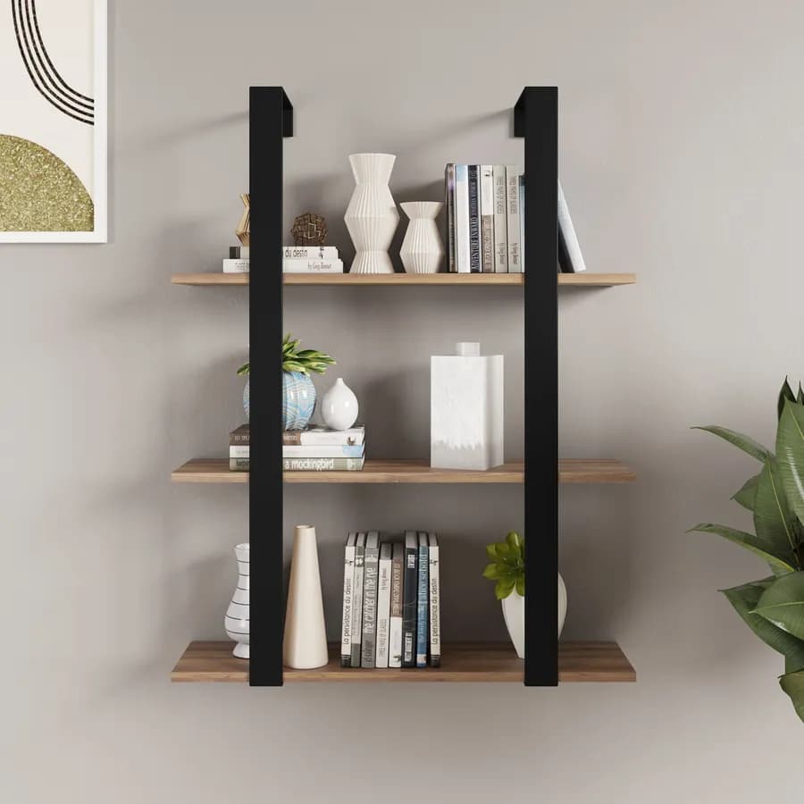 Libreria sospesa 70x90h cm in acciaio nero e mensole rovere - Multipla