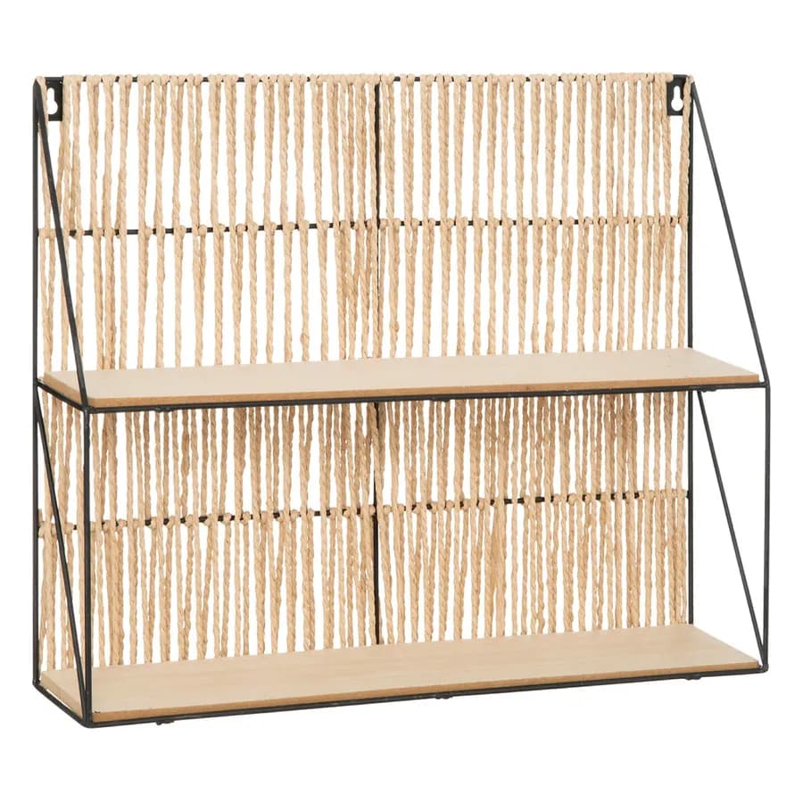 Mensola a muro 48 cm 2 ripiani effetto legno naturale e metallo con intreccio
