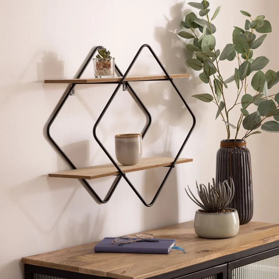 Mensola a muro 48 cm a rombo in metallo nero con 2 ripiani in legno