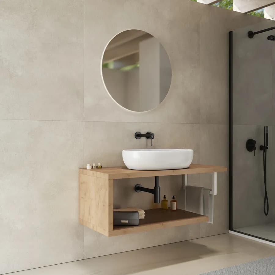 Mensolone bagno 100 cm con ripiano in legno rovere gold e portasalviette bianco opaco - Plain