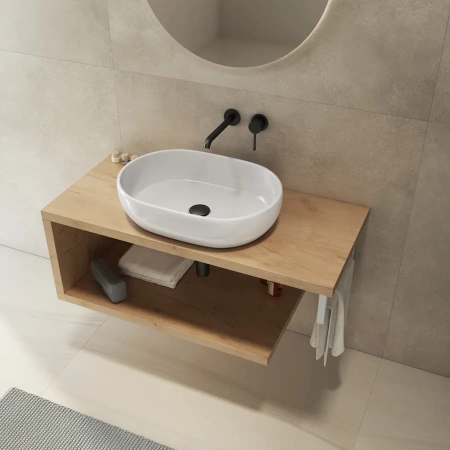 Mensolone bagno 100 cm con ripiano in legno rovere gold e portasalviette bianco opaco - Plain