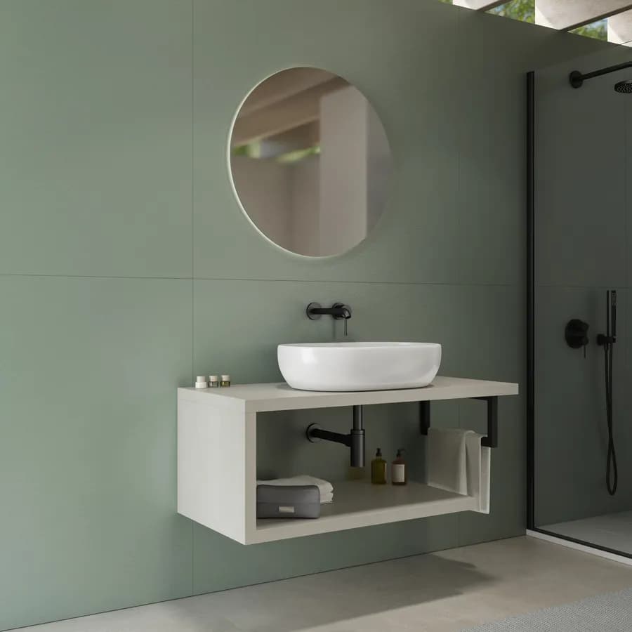 Mensolone bagno 120 cm con ripiano in legno rovere bianco e portasalviette nero opaco - Plain
