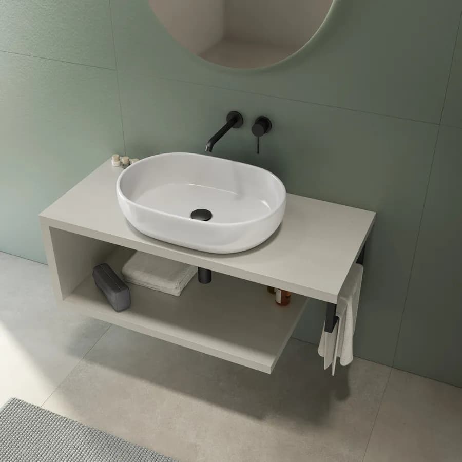 Mensolone bagno 120 cm con ripiano in legno rovere bianco e portasalviette nero opaco - Plain