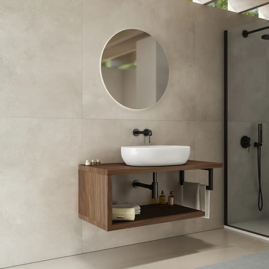 Mensolone bagno 120 cm con ripiano in legno rovere deciso e portasalviette nero opaco - Plain