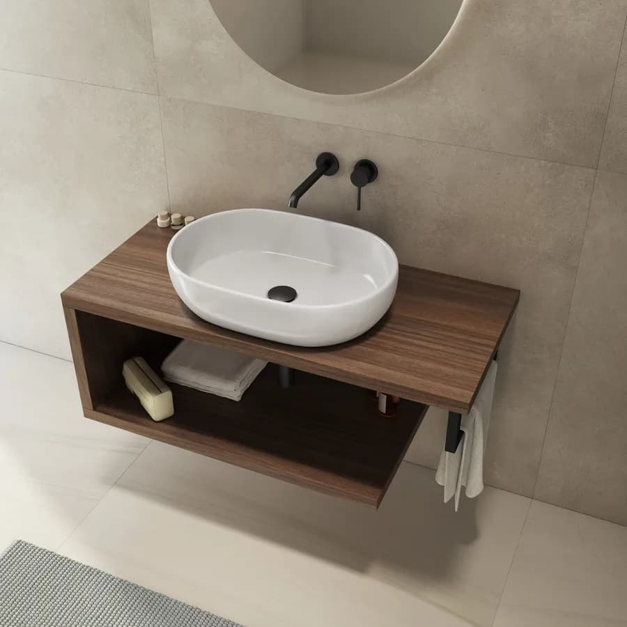 Mensolone bagno 120 cm con ripiano in legno rovere deciso e portasalviette nero opaco - Plain