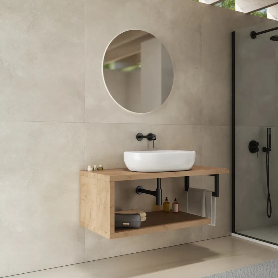 Mensolone bagno 120 cm con ripiano in legno rovere gold e portasalviette nero opaco - Plain