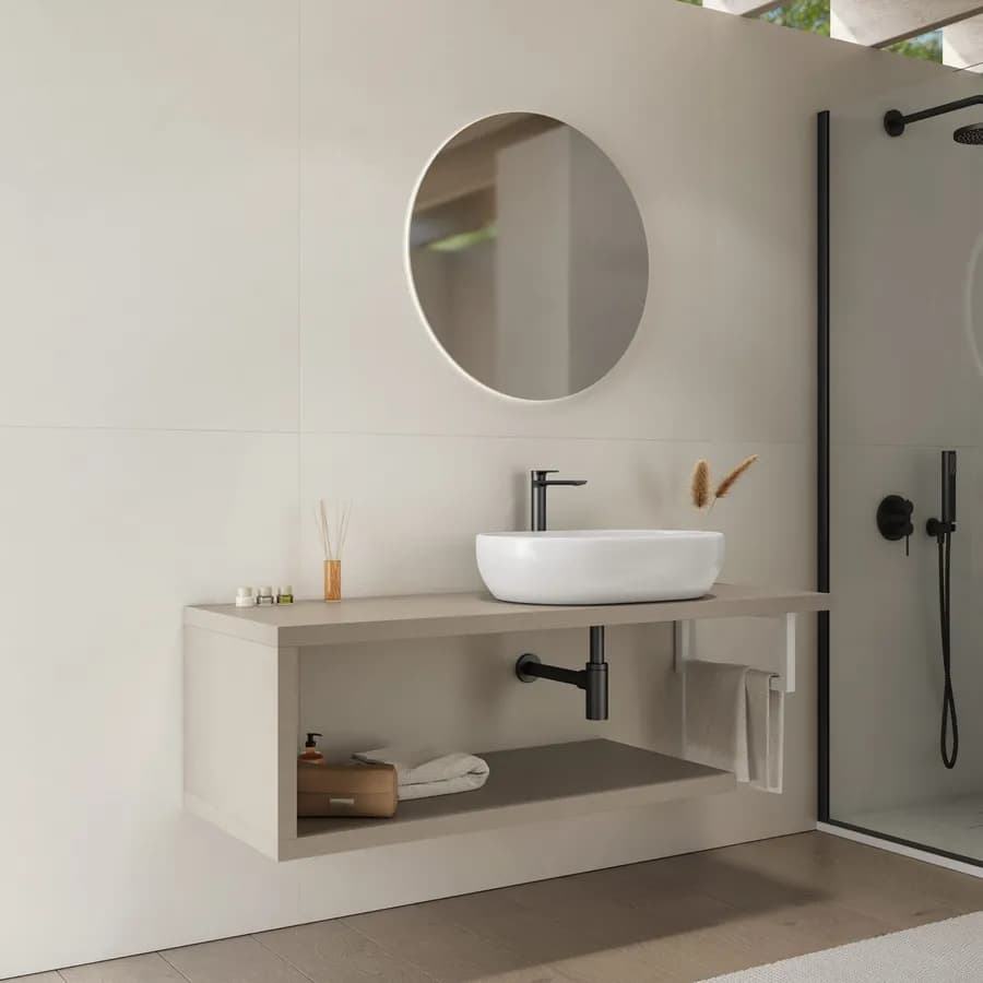 Mensolone bagno 130 cm con ripiano in legno argilla e portasalviette bianco opaco - Plain