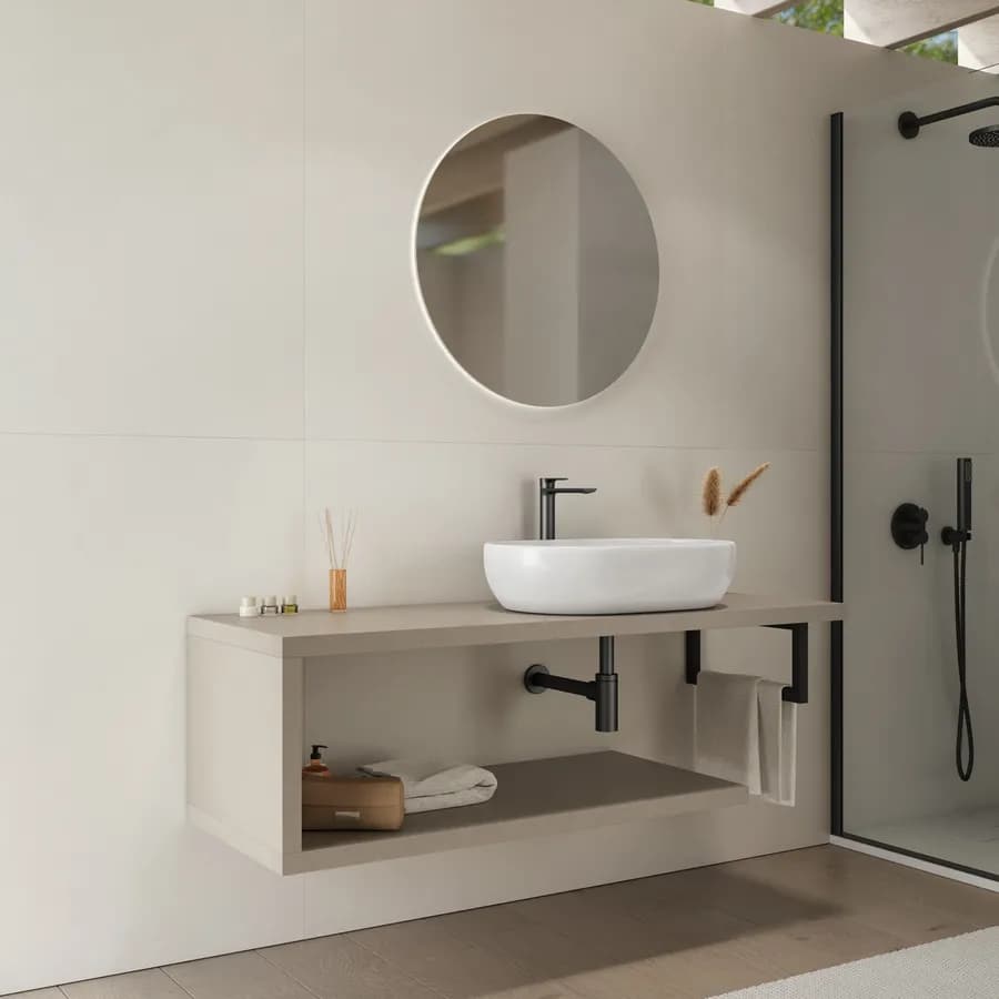 Mensolone bagno 130 cm con ripiano in legno argilla e portasalviette nero opaco - Plain