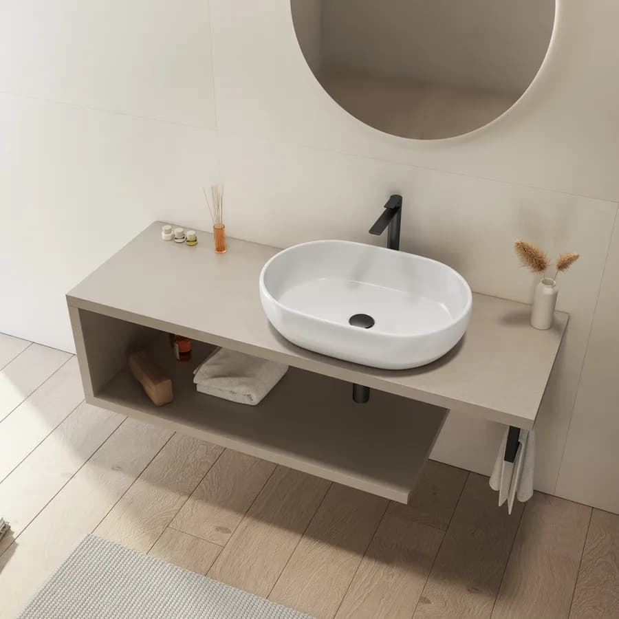 Mensolone bagno 130 cm con ripiano in legno argilla e portasalviette nero opaco - Plain