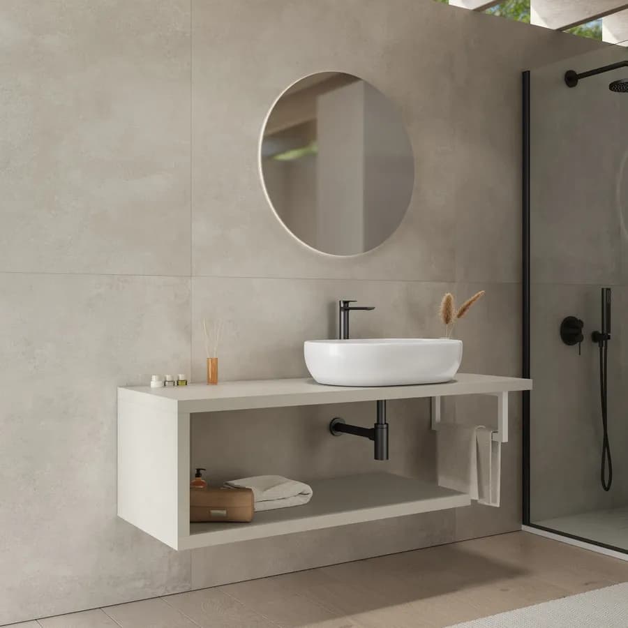 Mensolone bagno 130 cm con ripiano in legno rovere bianco e portasalviette bianco opaco - Plain